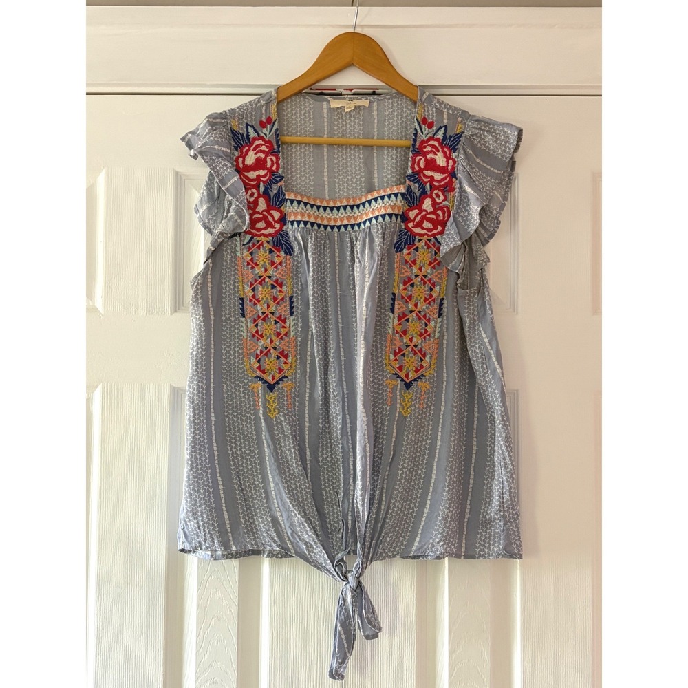 Entro Blue Embroidered Floral Tie Front Flutter Sleeve Boho Blouse Large T11432